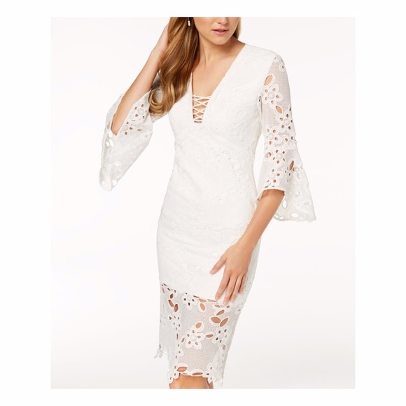 BARDOT Lace Bell Sleeve V Neck Sheath Formal Dress - Picture 2 of 8